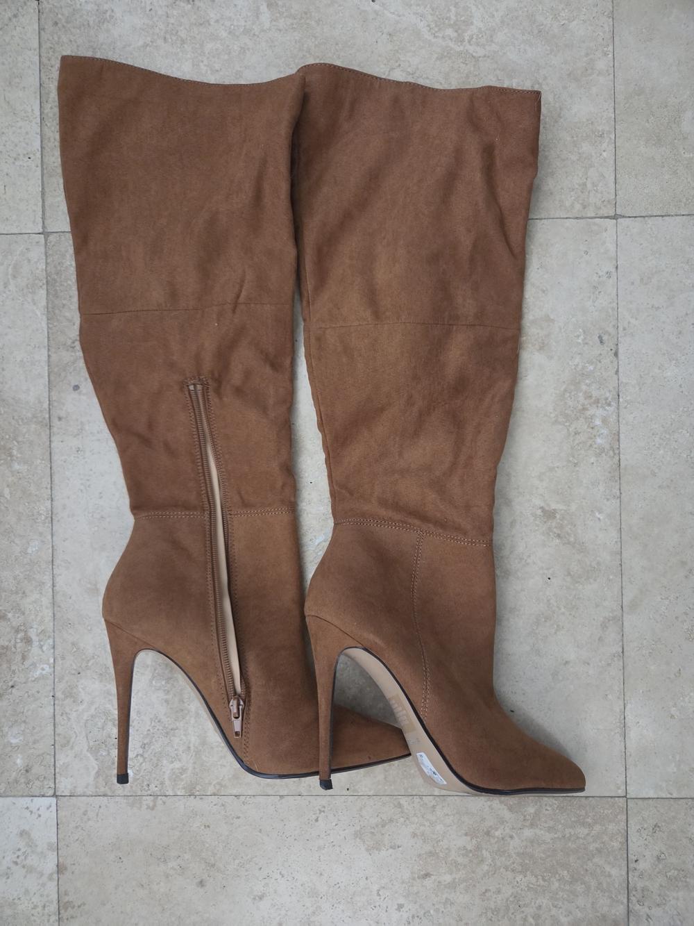 Express BwrnTan Asymmetrical Shaft Suede Knee High Stiletto